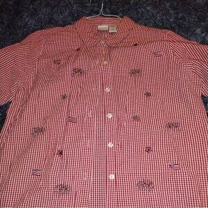 Cherokee Short Sleeve Red & White Shirt Blouse with Flags 16W Patriotic July 4th